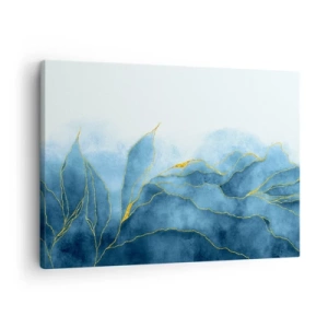 Cuadro sobre lienzo - Impresión de Imagen - Ondas abstractas en tonos azules con acentos dorados. - 70x50cm - Oro y azul - Decoración de pared moderna para salón y dormitorio ARTTOR