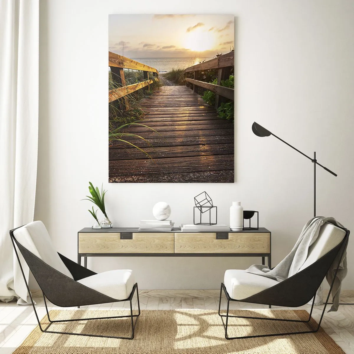 Cuadro sobre vidrio - Impresiones sobre Vidrio - Pasarela de madera que conduce a la playa al atardecer - 50x70cm - Y directamente a la orilla - Decoración de pared moderna para salón y dormitorio ARTTOR