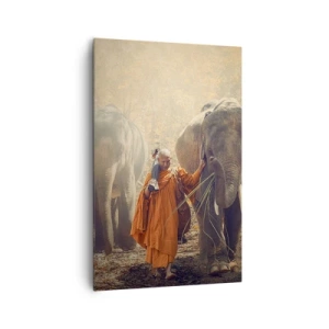 Cuadro sobre lienzo - Impresión de Imagen - Un monje con una túnica naranja guía un elefante en el bosque. - 80x120cm - Comprensión total - Decoración de pared moderna para salón y dormitorio ARTTOR
