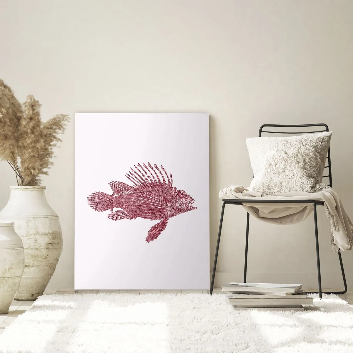 Cuadro sobre vidrio - Impresiones sobre Vidrio - Boceto de un pez exótico en color burdeos sobre un fondo claro. - 50x70cm - Un habitante de aguas exóticas - Decoración de pared moderna para salón y dormitorio ARTTOR