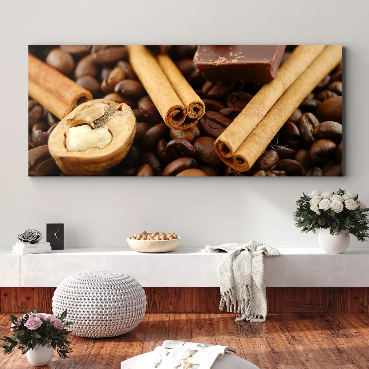 Cuadro sobre lienzo - Impresión de Imagen - Granos de café con ramas de canela, chocolate y nueces. - 140x50cm - Concierto de aromas - Decoración de pared moderna para salón y dormitorio ARTTOR