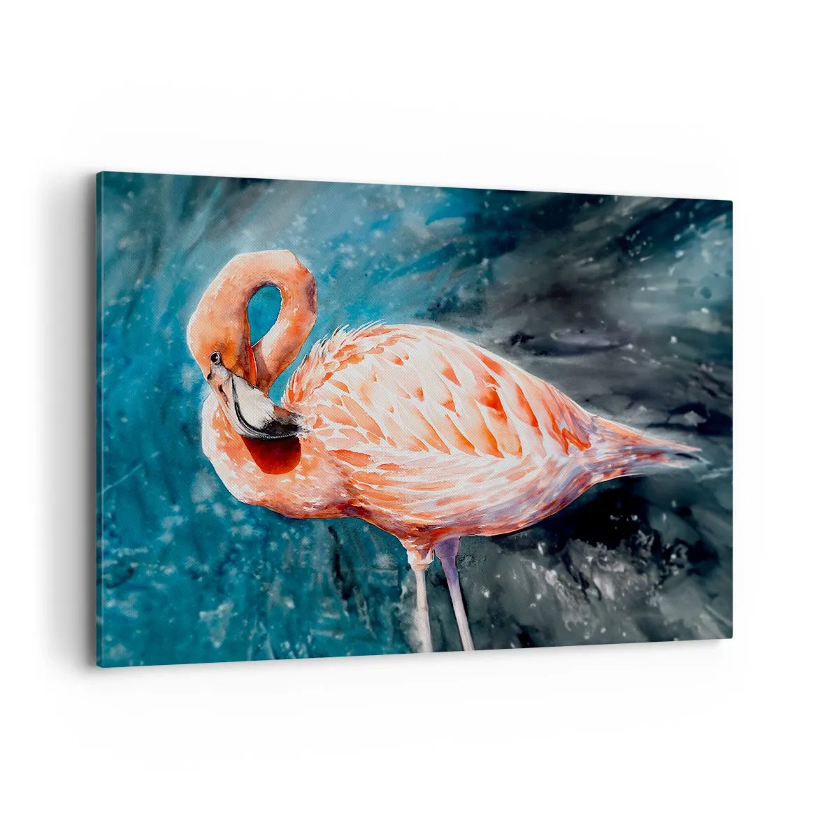 Cuadro sobre lienzo - Impresión de Imagen - Un flamenco rosa sobre un fondo azul de acuarela. - 100x70cm - Decorativo por naturaleza - Decoración de pared moderna para salón y dormitorio ARTTOR