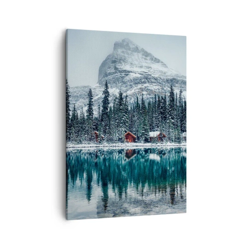Cuadro sobre lienzo - Impresión de Imagen - Paisaje invernal con cabañas en el bosque junto a un lago congelado - 50x70cm - Retiro canadiense - Decoración de pared moderna para salón y dormitorio ARTTOR