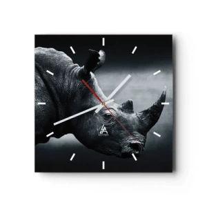Reloj de pared - Reloj de vidrio - Retrato en blanco y negro de un rinoceronte sobre un fondo oscuro. - 30x30cm - Perfil derecho - Decoración de pared moderna para salón y dormitorio ARTTOR