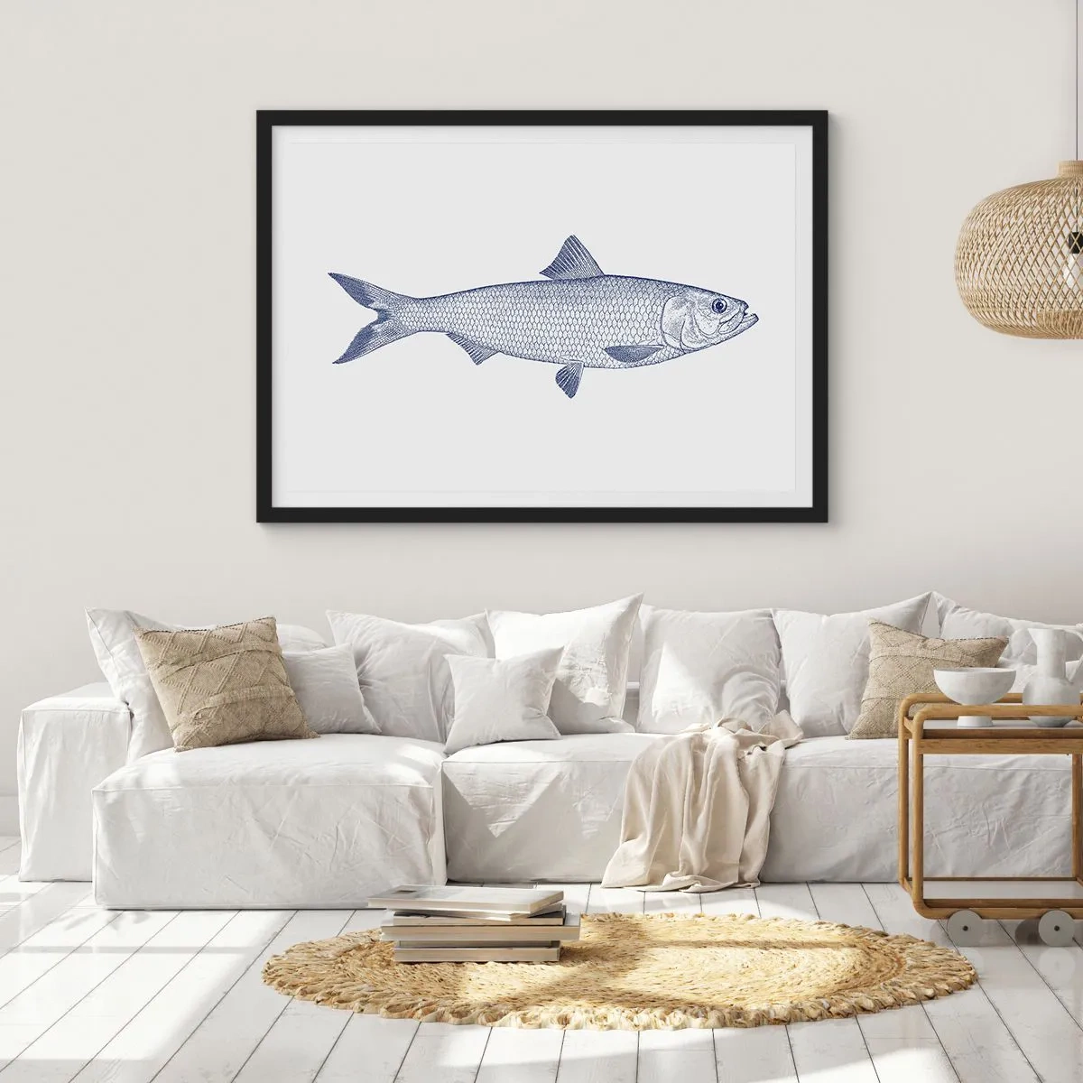 Póster en marco negro - Ilustración de un pez en tonos azules sobre un fondo claro. - 70x50cm - Saludos desde los mares del norte - Decoración de pared moderna para salón y dormitorio ARTTOR