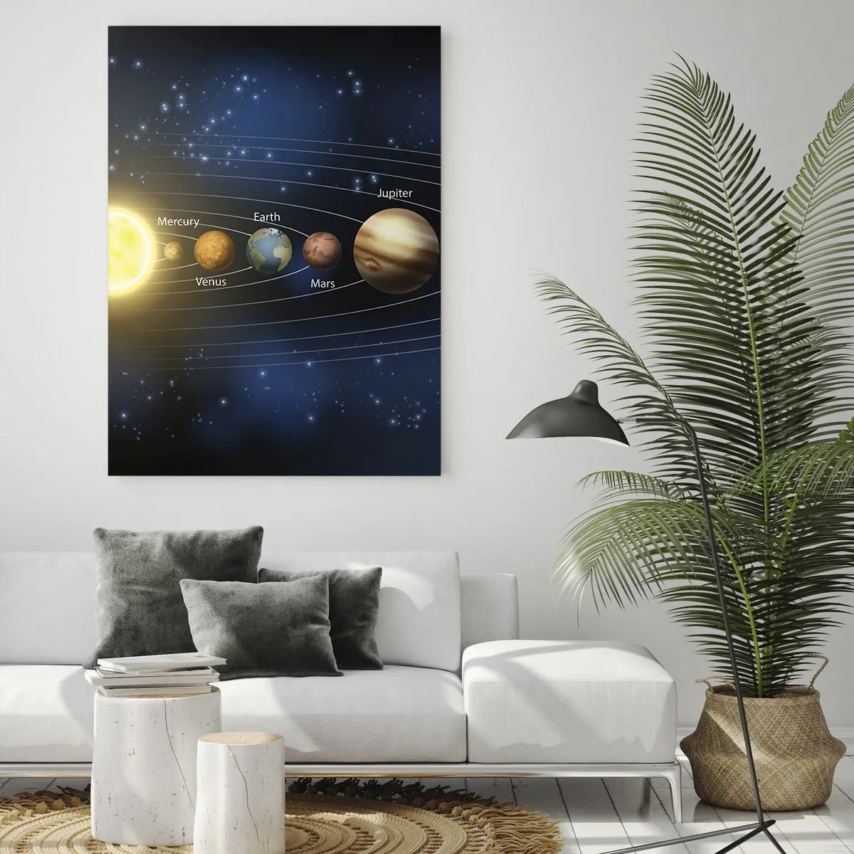 Cuadro sobre vidrio - Impresiones sobre Vidrio - El sistema solar con planetas y estrellas al fondo. - 50x70cm - Uno de diez - Decoración de pared moderna para salón y dormitorio ARTTOR