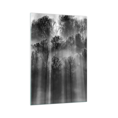 Cuadro sobre vidrio - Impresiones sobre Vidrio - Bosque blanco y negro a la luz de la mañana. - 70x100cm - En los flujos de luz - Decoración de pared moderna para salón y dormitorio ARTTOR