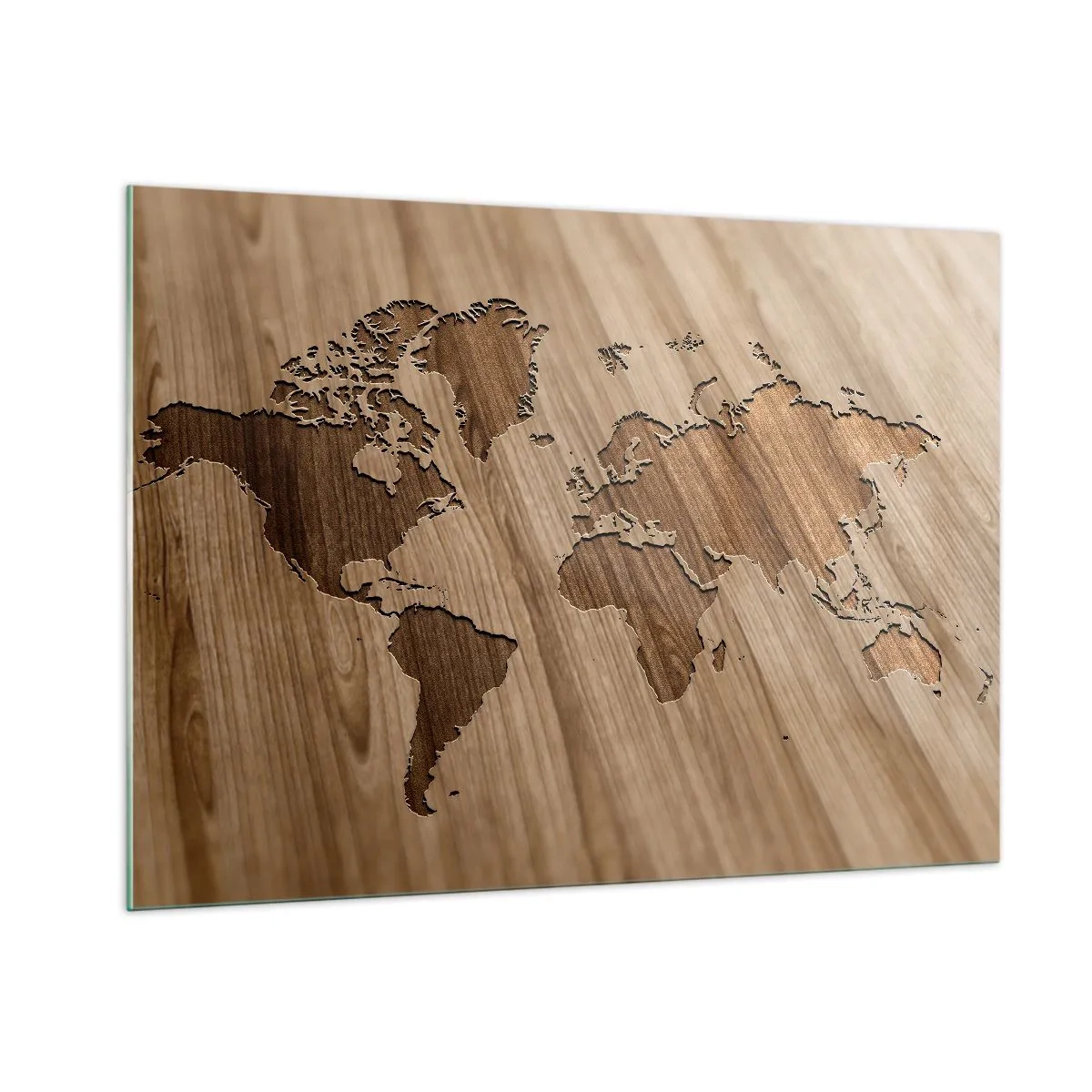 Cuadro sobre vidrio - Impresiones sobre Vidrio - Un mapa del mundo cortado en una superficie de madera. - 100x70cm - El mundo servido en la mesa - Decoración de pared moderna para salón y dormitorio ARTTOR