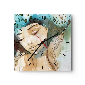 Reloj de pared - Reloj de vidrio - Retrato de una mujer en delicados colores de acuarela. - 30x30cm - Dama de azul - Decoración de pared moderna para salón y dormitorio ARTTOR