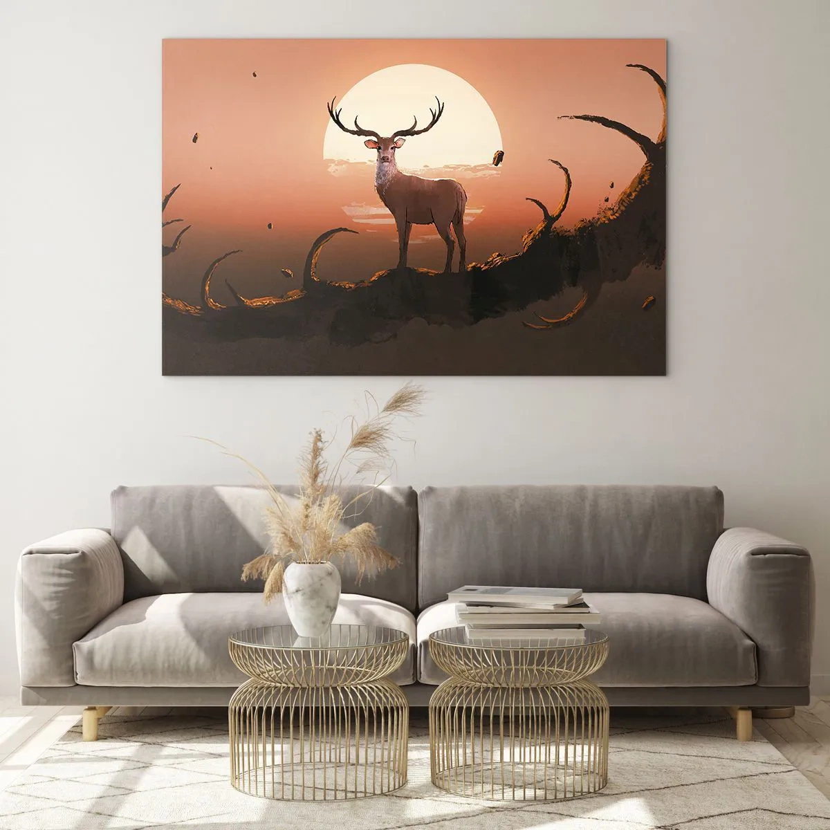 Cuadro sobre vidrio - Impresiones sobre Vidrio - Silueta de un ciervo con una gran luna rodeada de ramas como telón de fondo. - 70x50cm - Esta noche es diferente a cualquier otra - Decoración de pared moderna para salón y dormitorio ARTTOR