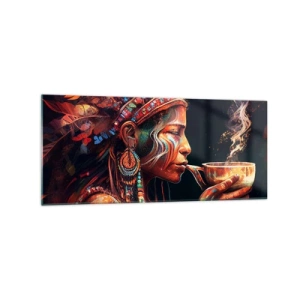 Cuadro sobre vidrio - Impresiones sobre Vidrio - Una colorida figura de estilo étnico con una taza de bebida humeante. - 120x50cm - Un ritual mágico - Decoración de pared moderna para salón y dormitorio ARTTOR