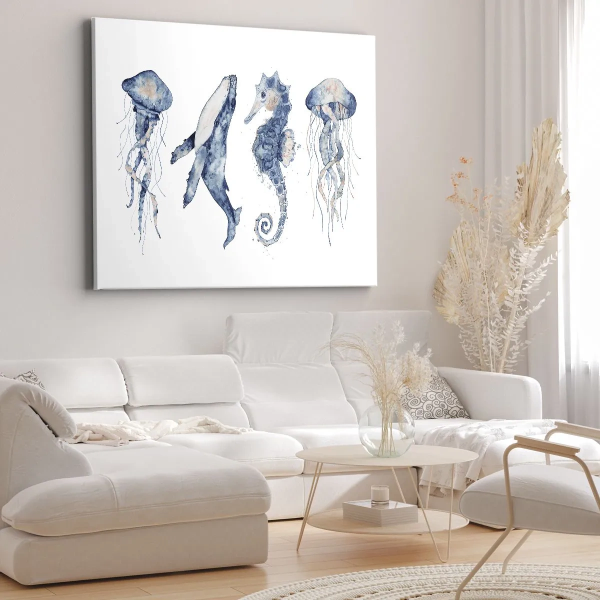 Cuadro sobre lienzo - Impresión de Imagen - Medusa, ballena y caballito de mar en estilo acuarela. - 120x80cm - Fauna marina - Decoración de pared moderna para salón y dormitorio ARTTOR