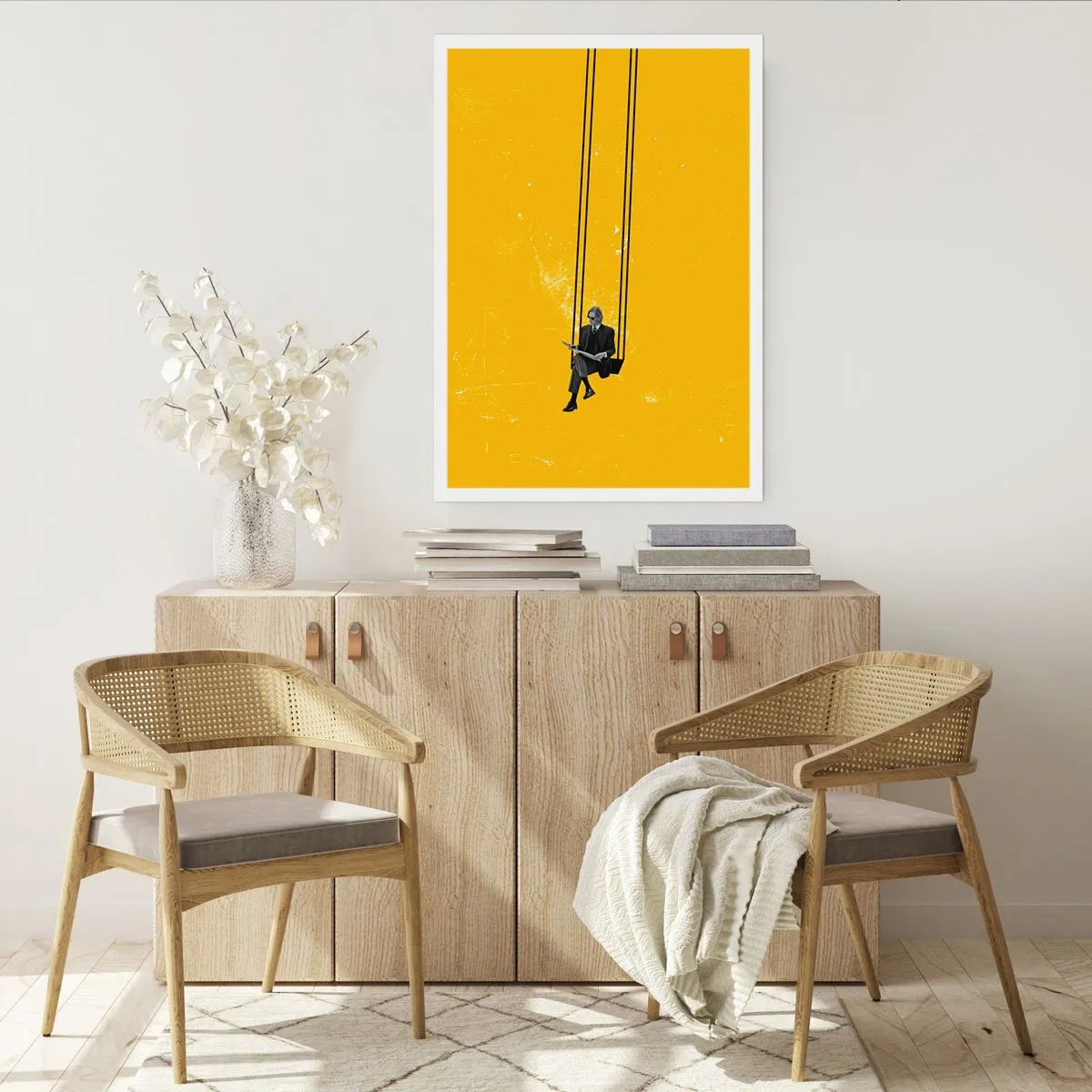 Póster - Gráfico minimalista con un personaje en un columpio. - 50x70cm - Un día como cualquier otro - Decoración de pared moderna para salón y dormitorio ARTTOR