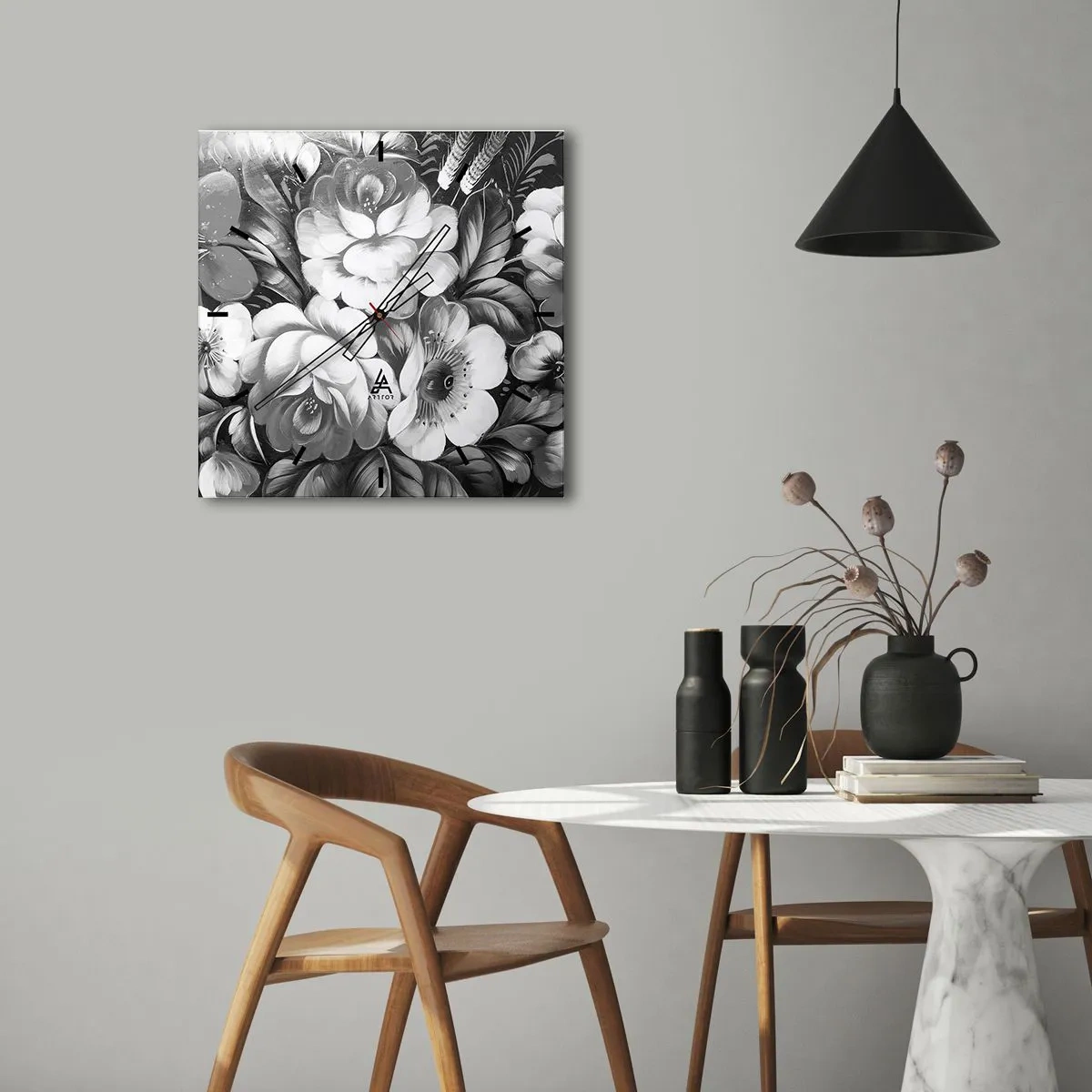 Reloj de pared - Reloj de vidrio - Flores en blanco y negro en una composición clásica y elegante. - 30x30cm - Hermoso incluso en el gris - Decoración de pared moderna para salón y dormitorio ARTTOR