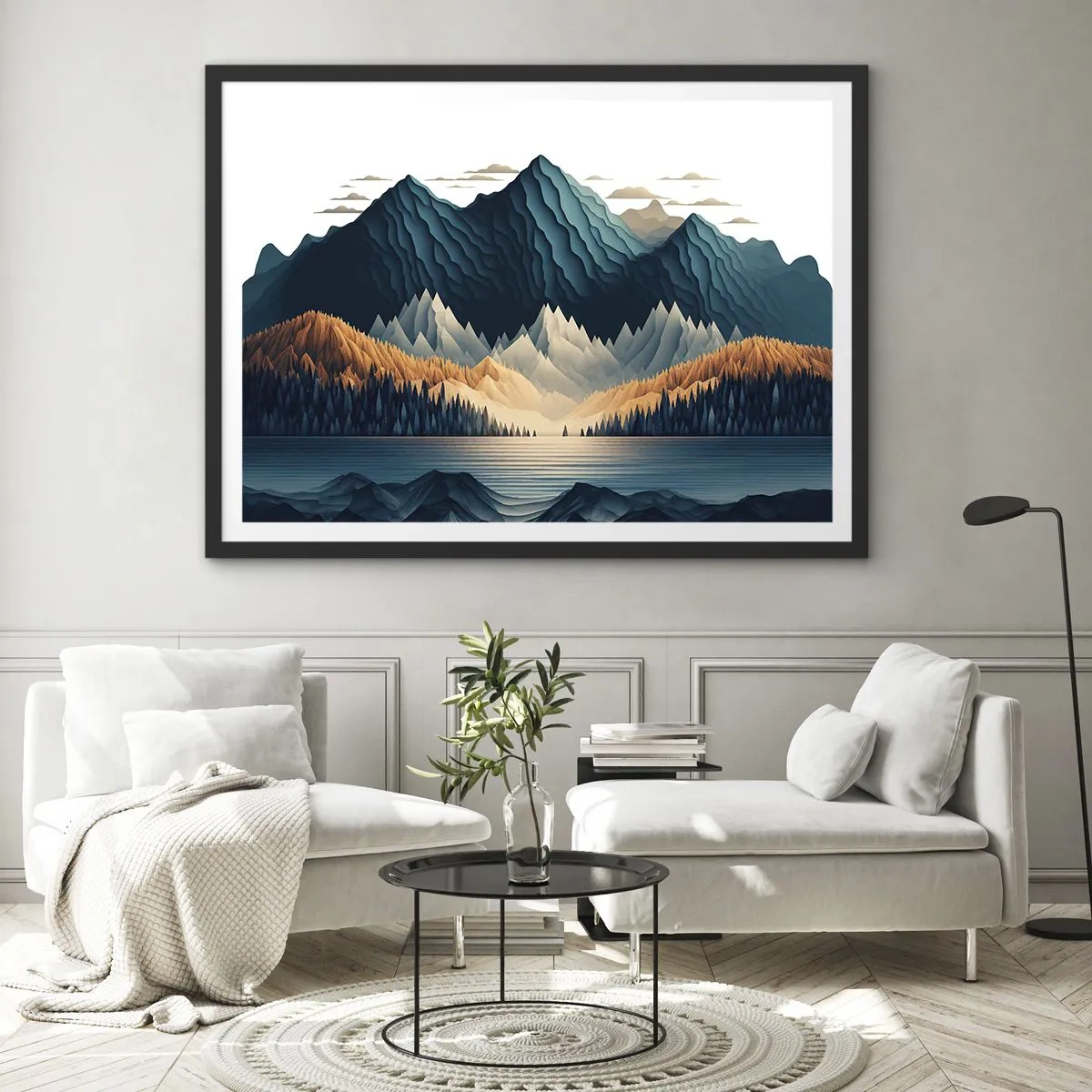 Póster en marco negro - Montañas pintorescas sobre el lago al atardecer - 100x70cm - Paisaje perfecto de montañas - Decoración de pared moderna para salón y dormitorio ARTTOR