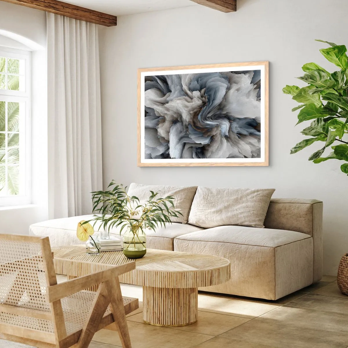 Póster en marco roble claro - Piedra y flor - 100x70 cm
