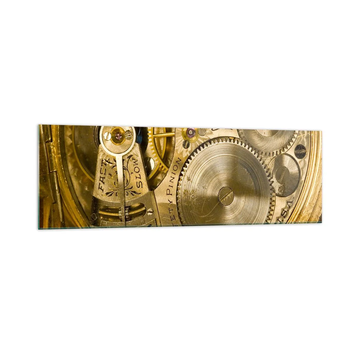 Cuadro sobre vidrio - Impresiones sobre Vidrio - Mecanismo de reloj con engranajes y detalles visibles. - 160x50cm - Siga el ritmo de los tiempos - Decoración de pared moderna para salón y dormitorio ARTTOR