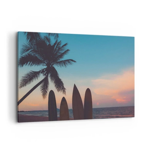 Cuadro sobre lienzo - Impresión de Imagen - Tablas de surf con una palmera y una puesta de sol como telón de fondo - 120x80cm - Mañana también disfrutaremos - Decoración de pared moderna para salón y dormitorio ARTTOR