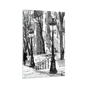 Cuadro sobre vidrio - Impresiones sobre Vidrio - Una calle con farolas y una silueta humana en técnica de boceto. - 70x100cm - ¿Una historia de amor o de terror? - Decoración de pared moderna para salón y dormitorio ARTTOR