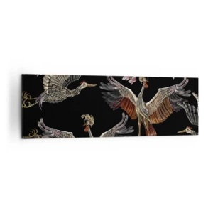 Cuadro sobre lienzo - Impresión de Imagen - Grullas y flores elegantes sobre un fondo negro. - 160x50cm - Aves de cuento de hadas - Decoración de pared moderna para salón y dormitorio ARTTOR