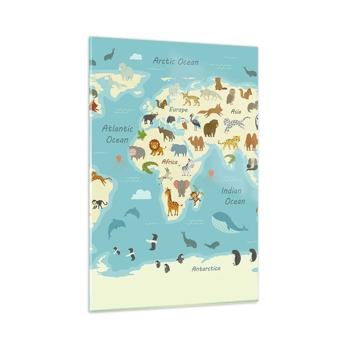Cuadro sobre vidrio - Impresiones sobre Vidrio - Mapa del mundo con ilustraciones de animales - 80x120cm - Buenos vecinos - Decoración de pared moderna para salón y dormitorio ARTTOR