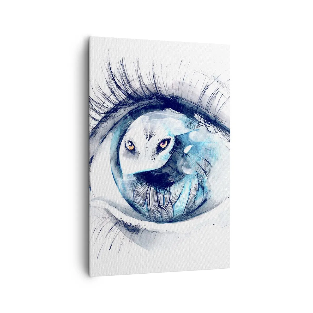 Cuadro sobre lienzo - Impresión de Imagen - Un ojo con la imagen de un búho en tonos de acuarela azul. - 80x120cm - Ojo con la naturaleza - Decoración de pared moderna para salón y dormitorio ARTTOR