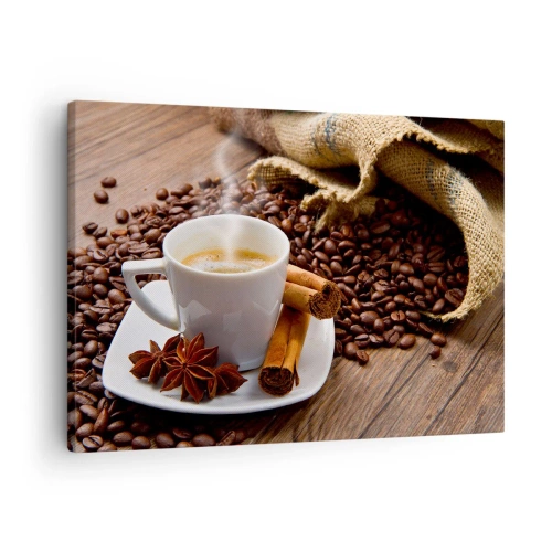 Cuadro sobre lienzo - Impresión de Imagen - Una taza de café con canela y anís sobre un fondo de granos de café. - 70x50cm - Sabor y aroma picante - Decoración de pared moderna para salón y dormitorio ARTTOR