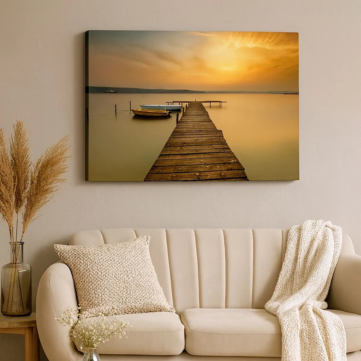 Cuadro sobre lienzo - Impresión de Imagen - Muelle de madera y barcos en el lago al atardecer - 70x50cm - Abriré el cielo dorado para ti - Decoración de pared moderna para salón y dormitorio ARTTOR