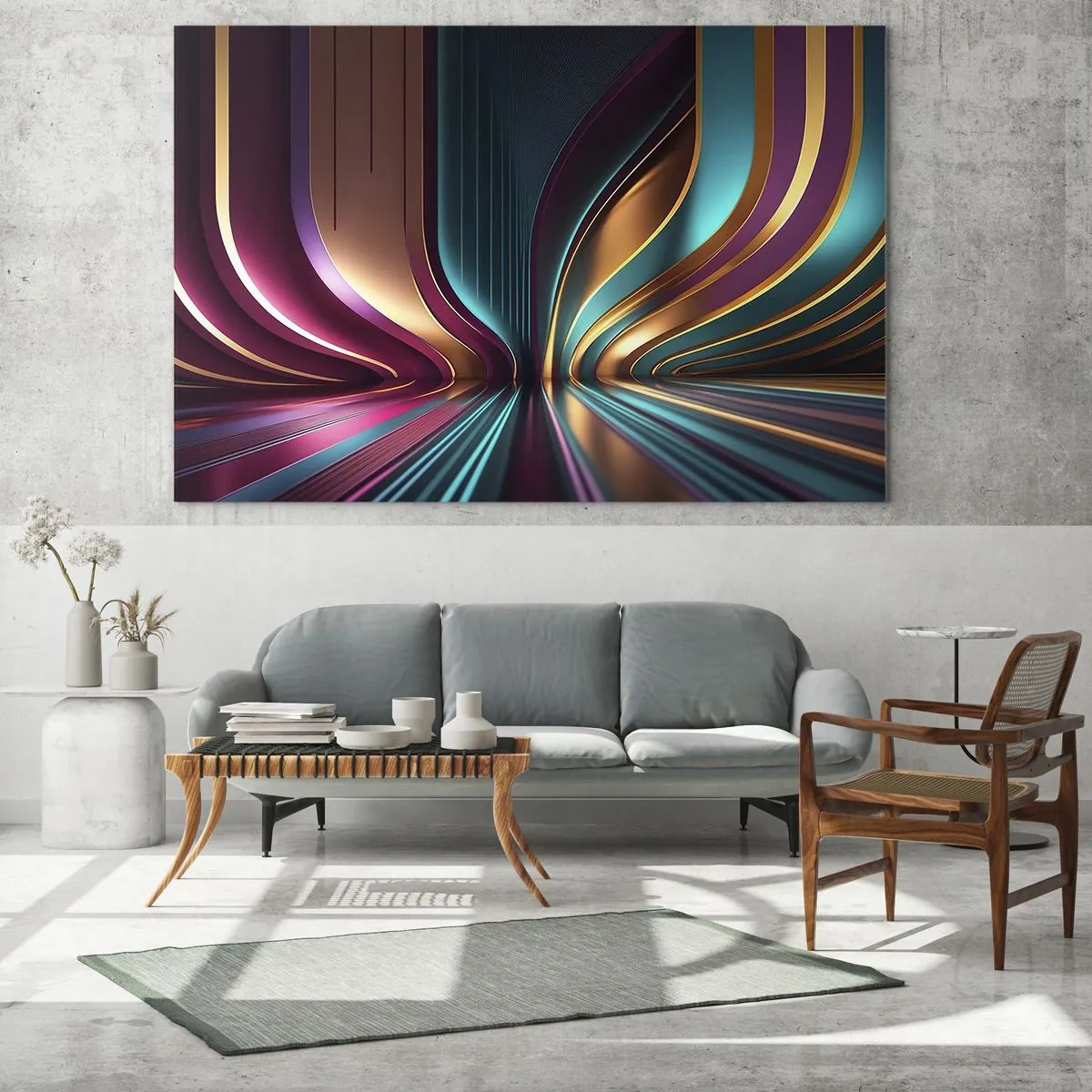 Cuadro sobre vidrio - Impresiones sobre Vidrio - Líneas de luz coloridas que crean formas futuristas. - 70x50cm - Arquitectura de la luz - Decoración de pared moderna para salón y dormitorio ARTTOR