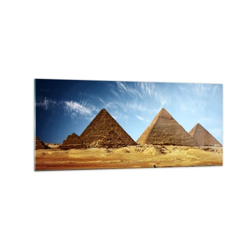 Cuadro sobre vidrio - Impresiones sobre Vidrio - Las pirámides de Giza contra un cielo azul y un paisaje desértico. - 120x50cm - 40 siglos te observan - Decoración de pared moderna para salón y dormitorio ARTTOR