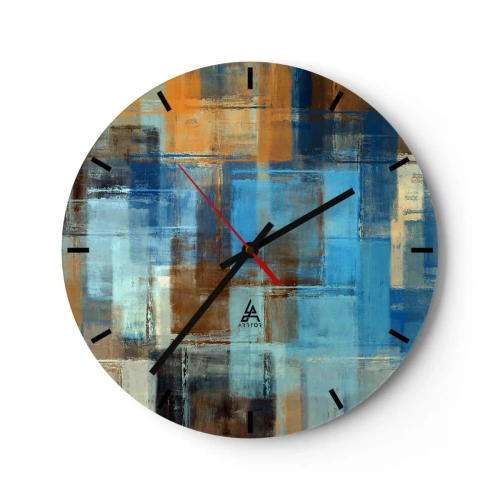Reloj de pared - Reloj de vidrio - Rectángulos abstractos en tonos azules y marrones. - 30x30cm - A través del velo azul - Decoración de pared moderna para salón, cocina y dormitorio ARTTOR