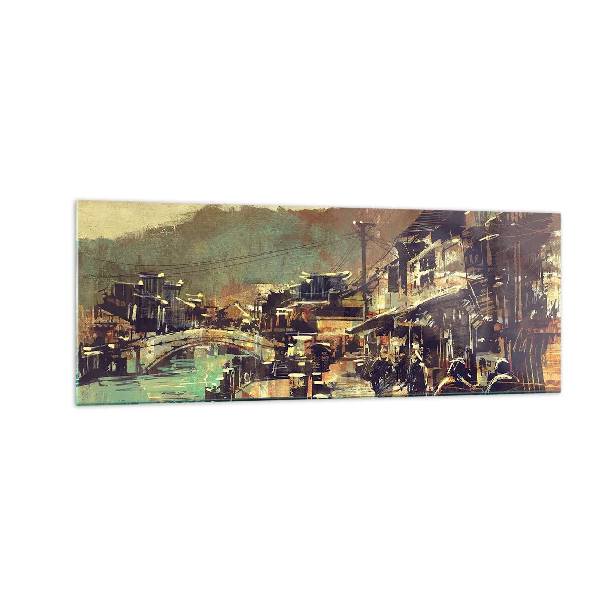 Cuadro sobre vidrio - Impresiones sobre Vidrio - Un pueblo con un puente y calles de estilo artístico. - 140x50cm - La vida como riqueza de grises - Decoración de pared moderna para salón y dormitorio ARTTOR