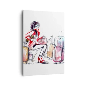 Cuadro sobre lienzo - Impresión de Imagen - Una mujer con maletas en una dinámica ilustración de acuarela. - 50x70cm - Sentémonos antes del viaje - Decoración de pared moderna para salón y dormitorio ARTTOR