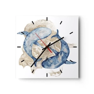Reloj de pared - Reloj de vidrio - Ballenas azules abstractas sobre un fondo claro - 30x30cm - ¿Amistad o amor? - Decoración de pared moderna para salón y dormitorio ARTTOR