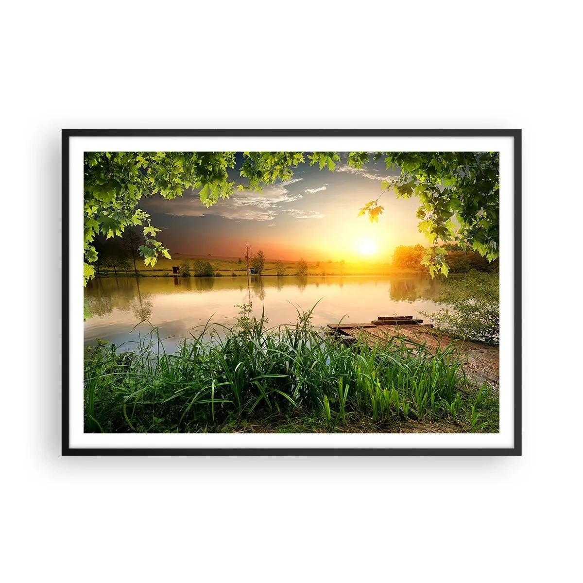 Póster en marco negro - Paisaje verde con un lago al atardecer - 100x70cm - Paisaje en un marco verde - Decoración de pared moderna para salón y dormitorio ARTTOR