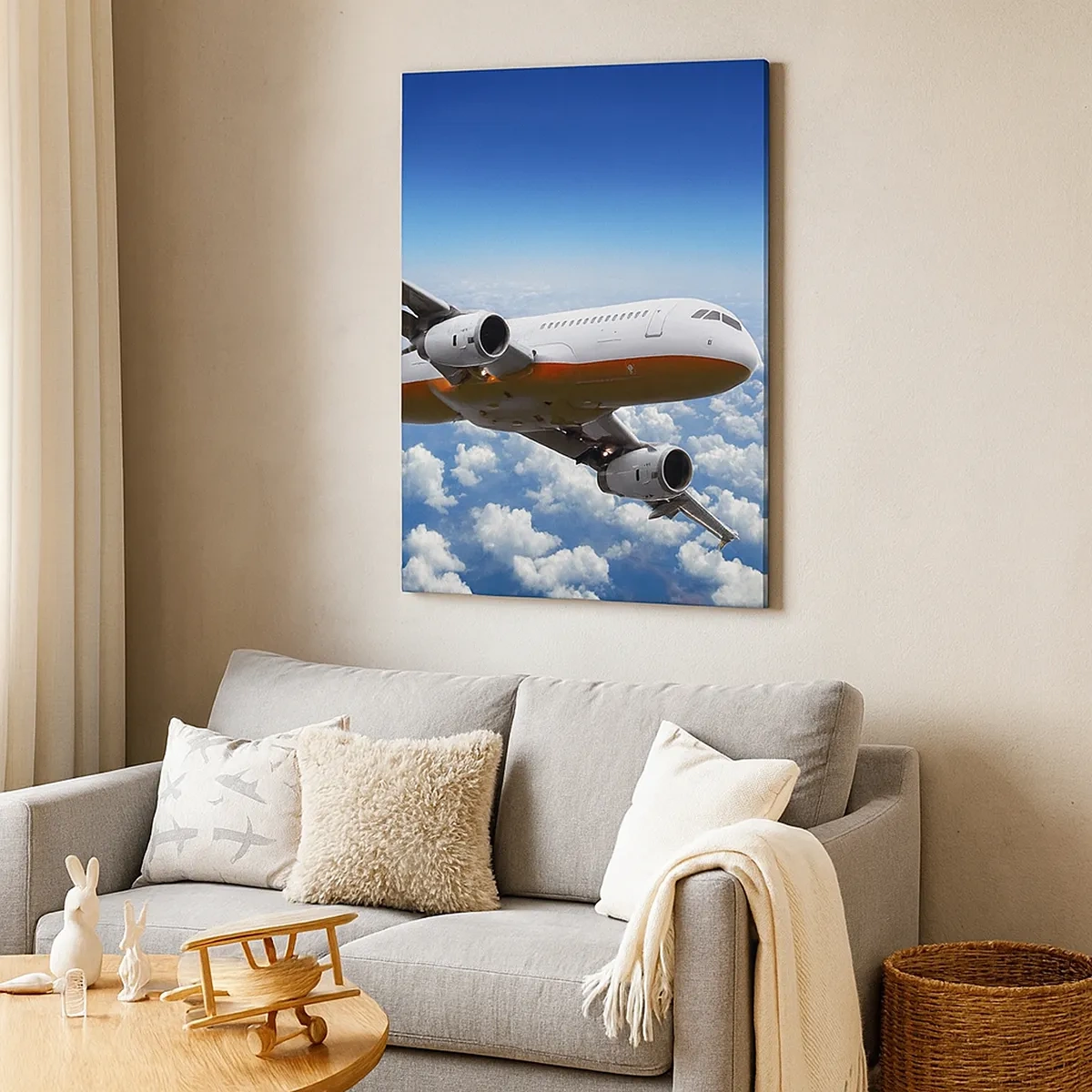 Cuadro sobre lienzo - Impresión de Imagen - Un avión de pasajeros volando sobre las nubes contra un cielo azul. - 50x70cm - Aléjese de todo - Decoración de pared moderna para salón y dormitorio ARTTOR