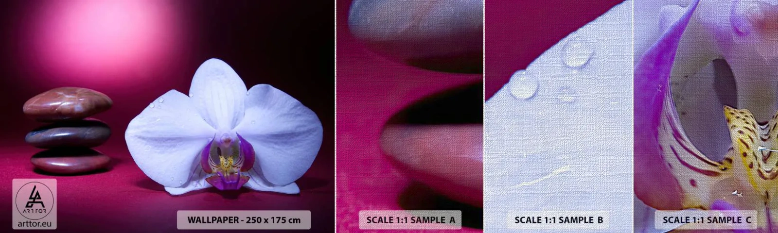 Muestra de fotomural Premium Canvas - Estudio de frescura en violeta - flores, Spa, piedras - 100x30 cm