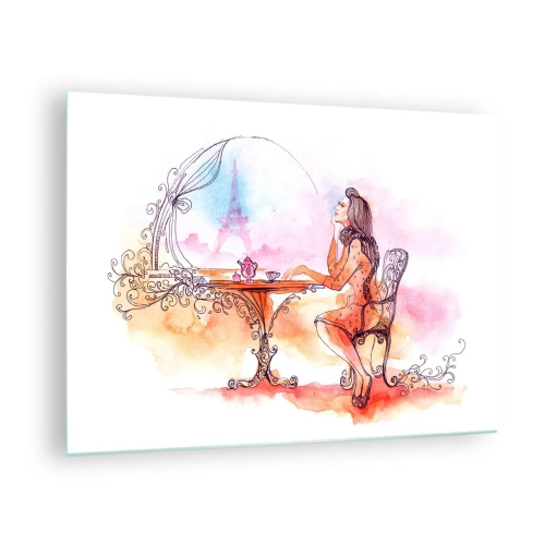 Cuadro sobre vidrio - Impresiones sobre Vidrio - Una mujer en una mesa con vistas a la Torre Eiffel en tonos pastel. - 70x50cm - Estilo parisino - Decoración de pared moderna para salón y dormitorio ARTTOR