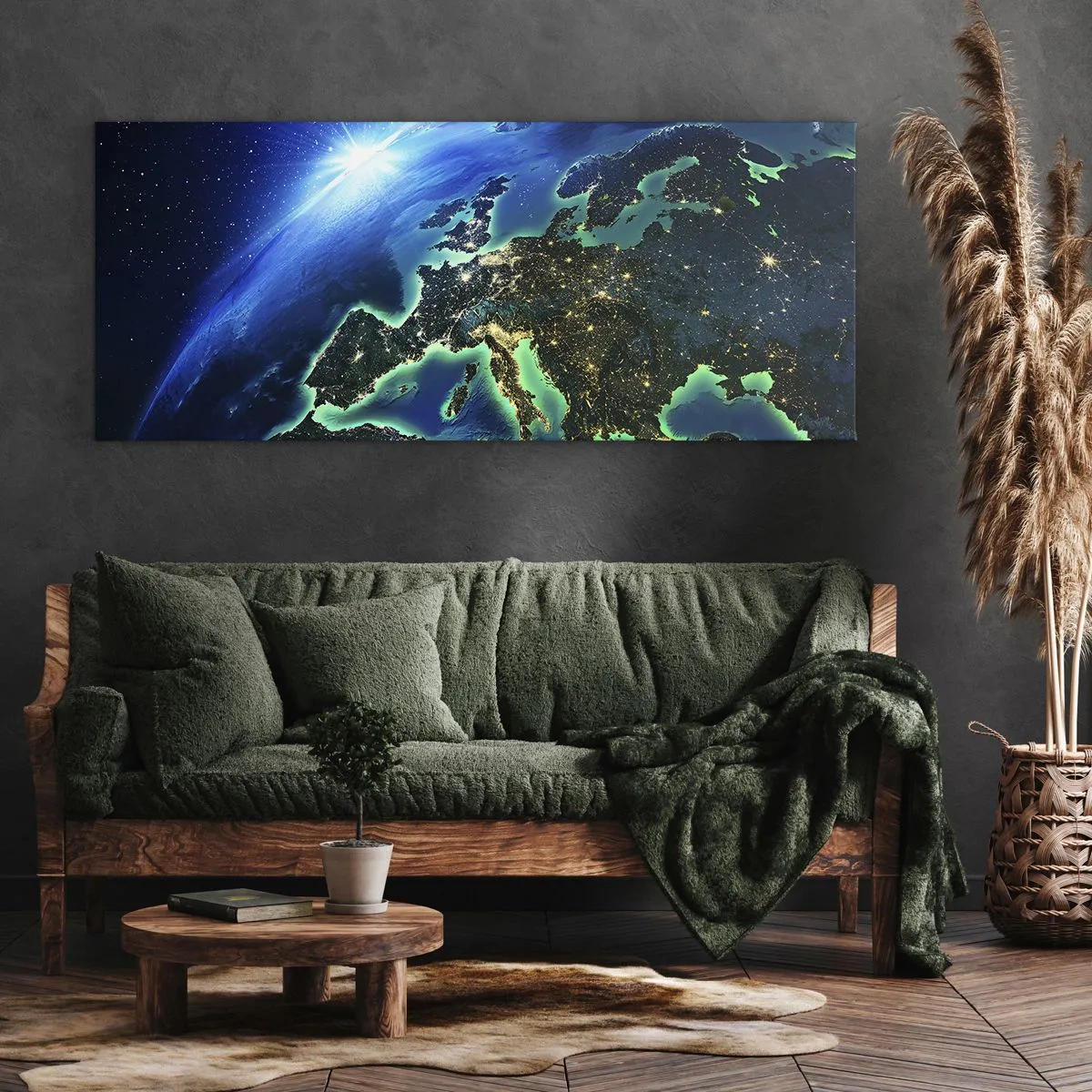Cuadro sobre lienzo - Impresión de Imagen - Una vista de Europa desde el espacio bajo el resplandor del sol naciente. - 140x50cm - Una Europa resplandeciente - Decoración de pared moderna para salón y dormitorio ARTTOR