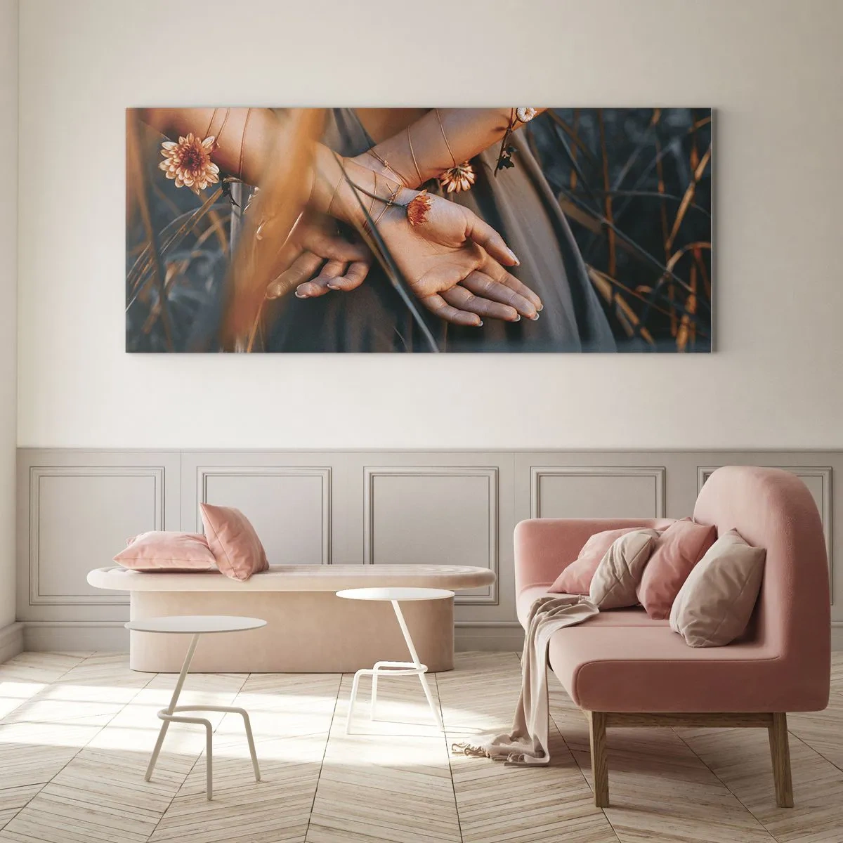 Cuadro sobre vidrio - Impresiones sobre Vidrio - Manos sensuales con flores en un entorno natural. - 160x50cm - Conectada con la naturaleza - Decoración de pared moderna para salón y dormitorio ARTTOR