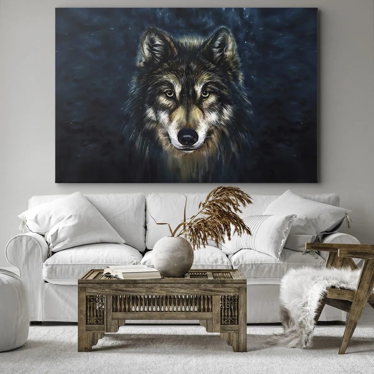 Cuadro sobre lienzo - Impresión de Imagen - Retrato de un lobo sobre un fondo azul oscuro - 70x50cm - ¿Alfa? Y omega - Decoración de pared moderna para salón y dormitorio ARTTOR