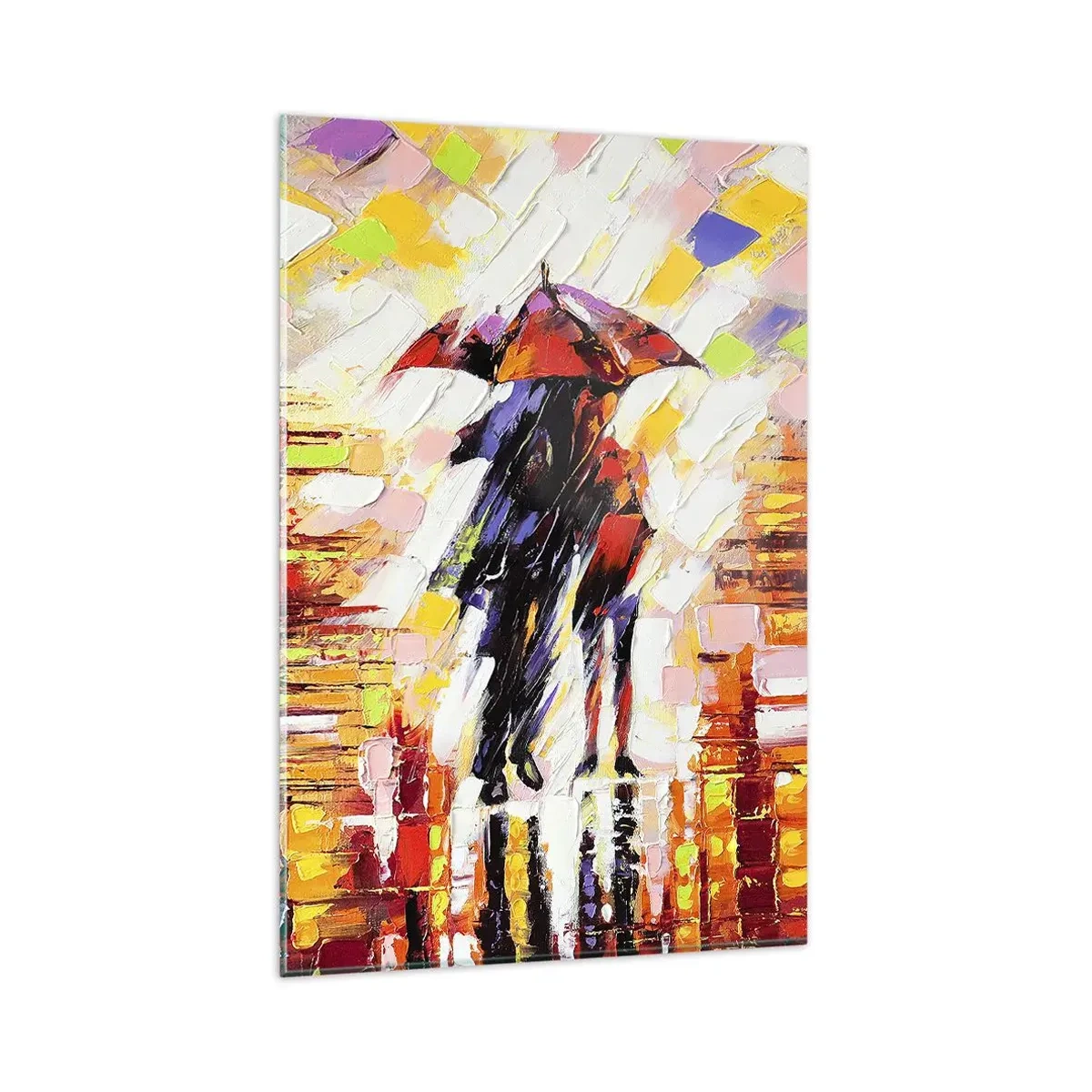 Cuadro sobre vidrio - Impresiones sobre Vidrio - Una escena abstracta de un paseo bajo un paraguas en una noche lluviosa. - 80x120cm - Juntos a través de la noche y la lluvia - Decoración de pared moderna para salón y dormitorio ARTTOR