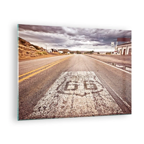 Cuadro sobre vidrio - Impresiones sobre Vidrio - Ruta 66 con vista al horizonte - 70x50cm - Mother Road: una leyenda americana - Decoración de pared moderna para salón y dormitorio ARTTOR