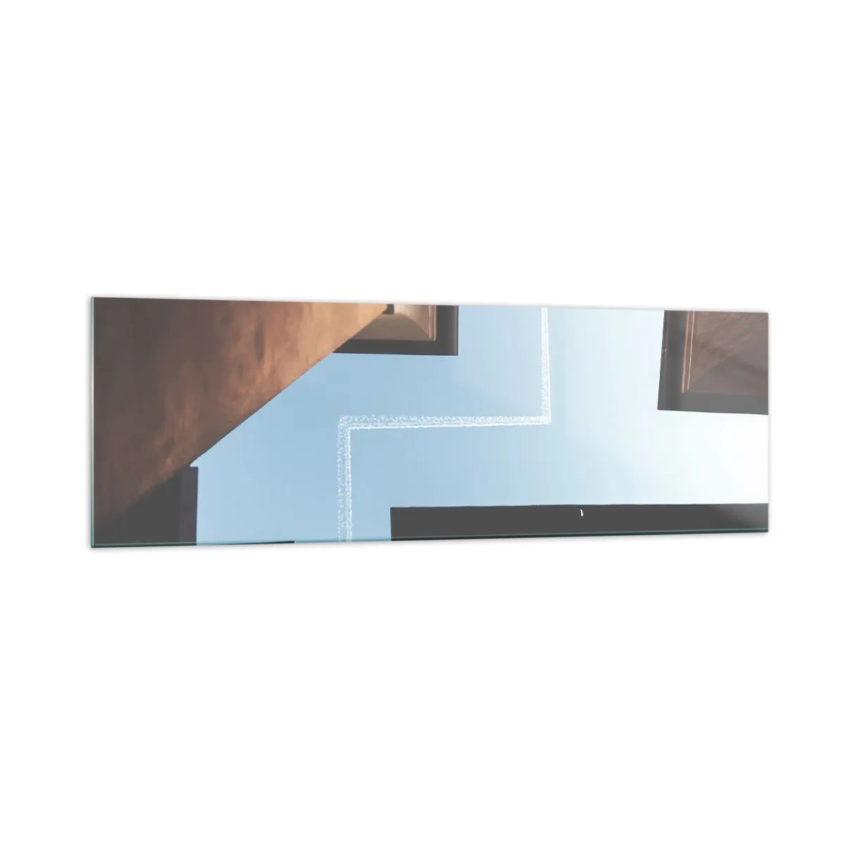 Cuadro sobre vidrio - Impresiones sobre Vidrio - Vista del avión y su estela en el cielo desde una perspectiva callejera. - 160x50cm - Por encima del laberinto urbano - Decoración de pared moderna para salón y dormitorio ARTTOR