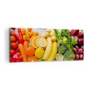 Cuadro sobre lienzo - Impresión de Imagen - Frutas y verduras coloridas sobre un fondo de madera - 120x50cm - ¿No es suficiente? - Decoración de pared moderna para salón y dormitorio ARTTOR