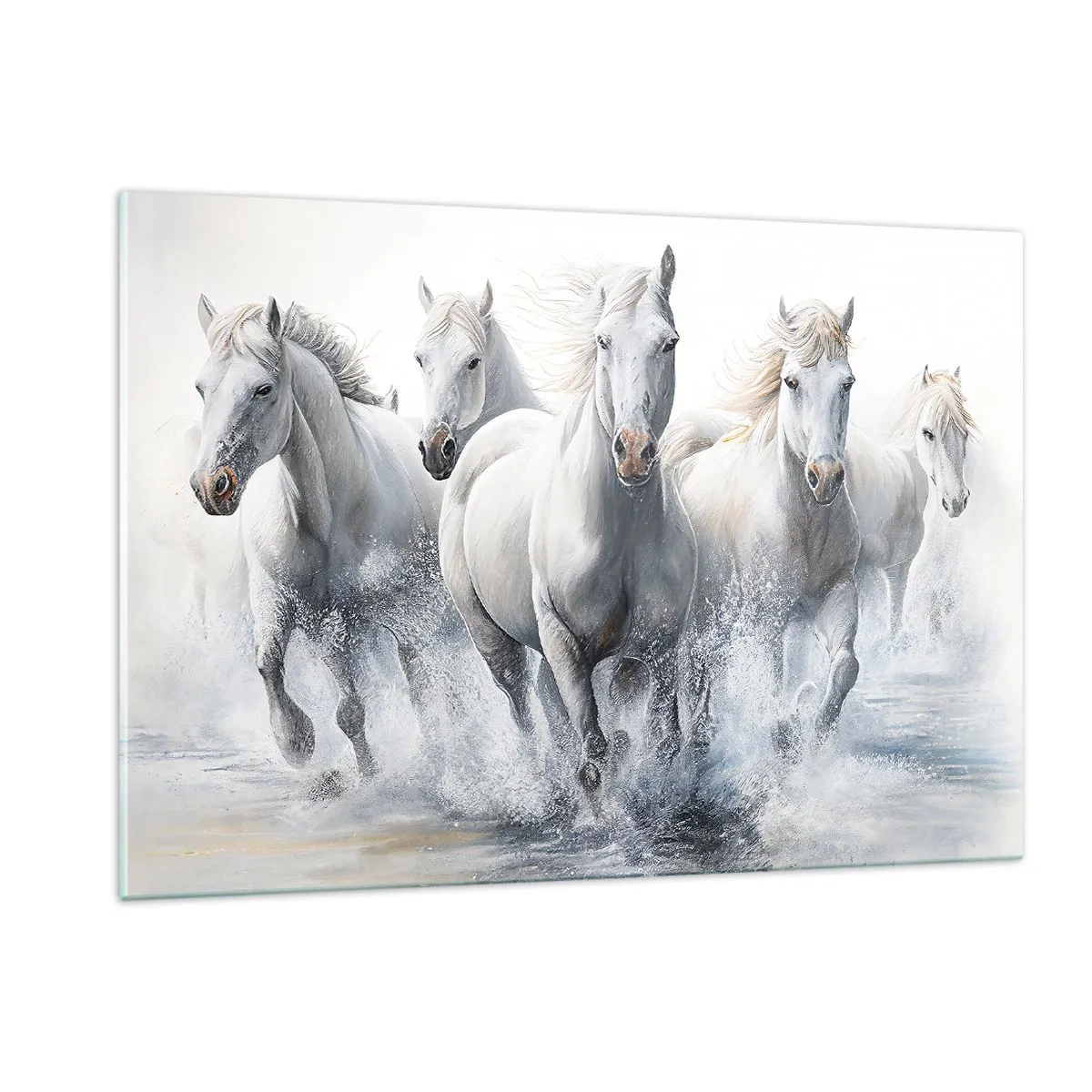 Cuadro sobre vidrio - Impresiones sobre Vidrio - Caballos blancos galopando a través del agua en una composición dinámica - 120x80cm - Magia blanca - Decoración de pared moderna para salón y dormitorio ARTTOR