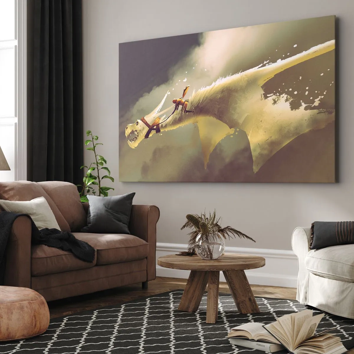 Cuadro sobre lienzo - Impresión de Imagen - Ilustración de un jinete de dragón en un paisaje de nubes de fantasía - 70x50cm - Al rescate - Decoración de pared moderna para salón y dormitorio ARTTOR