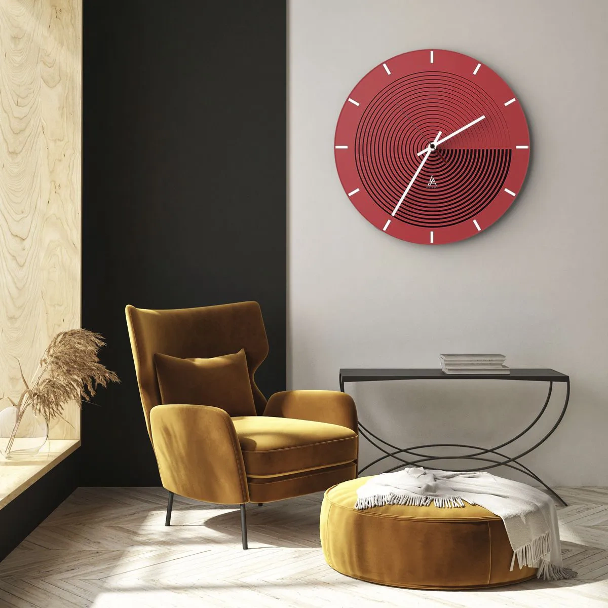 Reloj de pared - Reloj de vidrio - Fondo rojo con círculos concéntricos negros y contraste. - 30x30cm - Movimiento circular - Decoración de pared moderna para salón, cocina y dormitorio ARTTOR