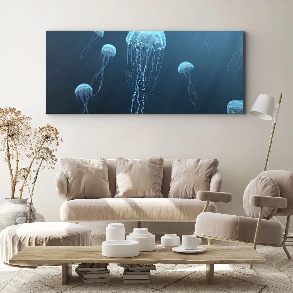 Cuadro sobre lienzo - Impresión de Imagen - Medusas flotando en las profundidades del océano en tonos azules. - 120x50cm - Danza oceánica - Decoración de pared moderna para salón y dormitorio ARTTOR