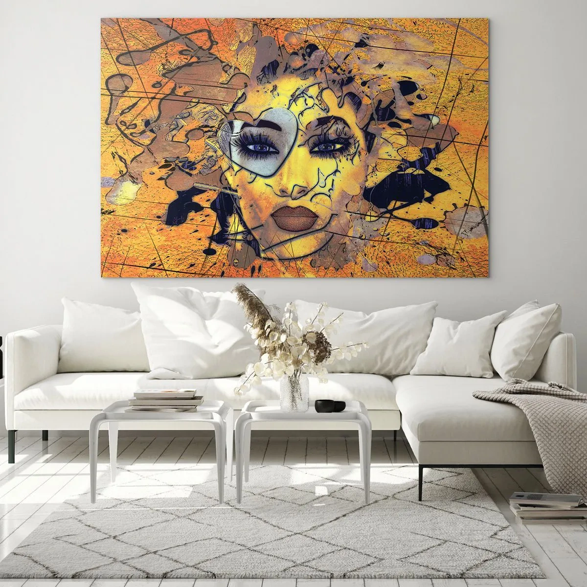 Cuadro sobre vidrio - Impresiones sobre Vidrio - Rostro de mujer abstracto en tonos dorados y anaranjados - 120x80cm - La belleza del sol - Decoración de pared moderna para salón y dormitorio ARTTOR